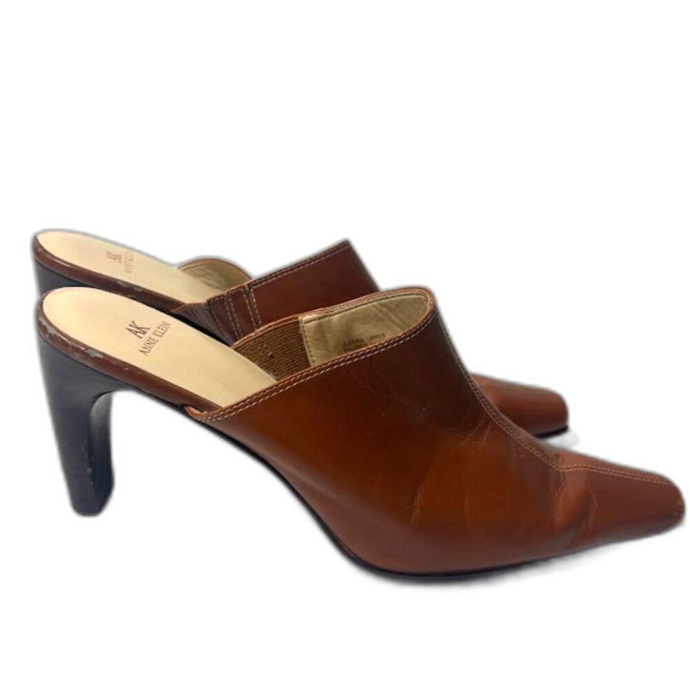 Anne Klein Heels Sz 8 Brown Pointed Toe Mule Classic Clean Leather 90s Y2K Shoe